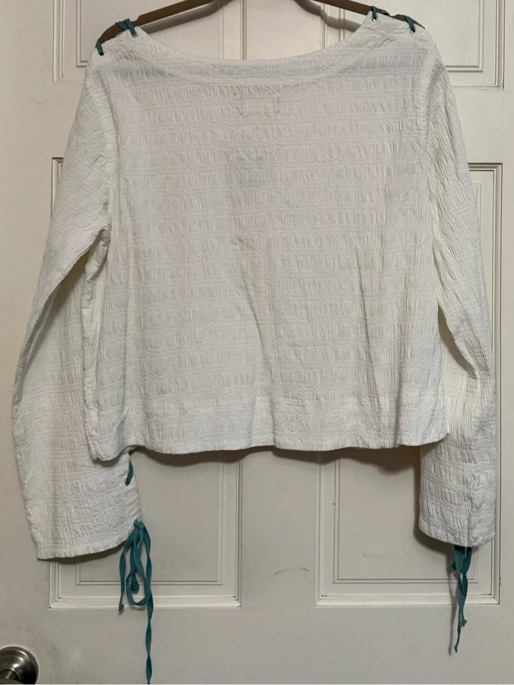 Free People White Lace-Up Sleeve Top with Teal Ties